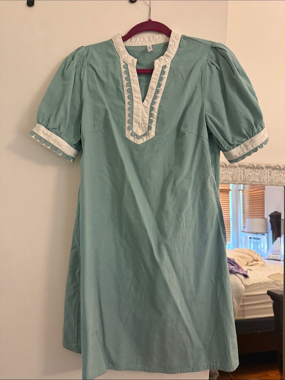 Women's Casual Teal Puff-Sleeve Dress with White Trim